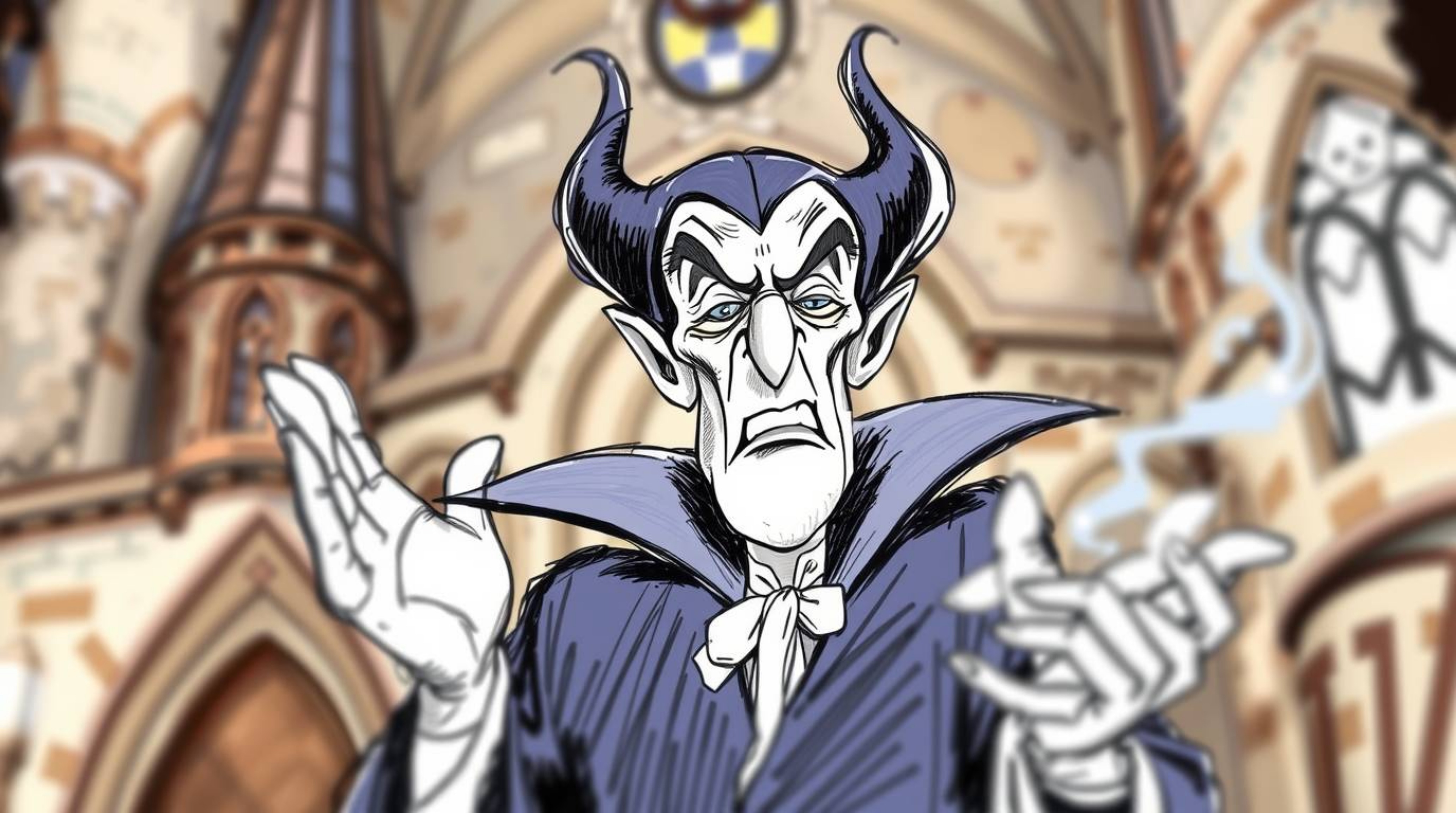 A captivating sketchnote depicting a classic Disney villain casting a spell within an old castle. The image features a sharp