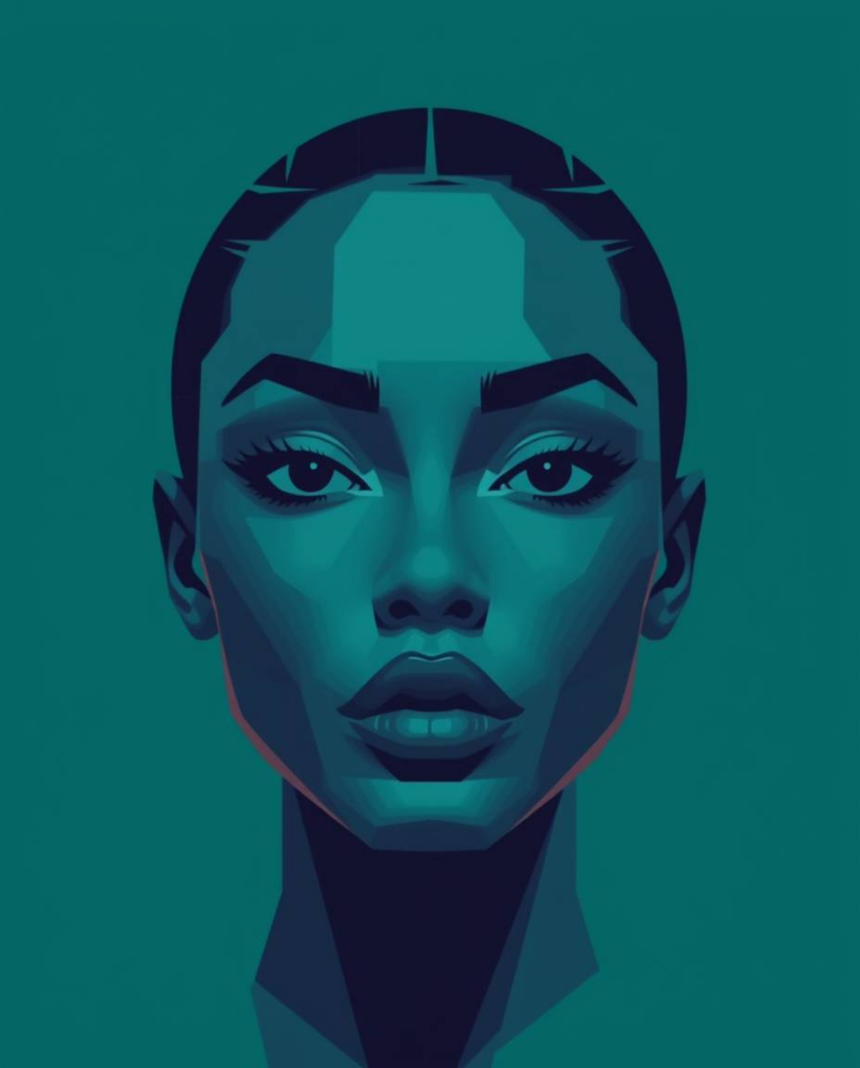A stunning digital glitch art portrait, rendered in a modern flat design with a pixelated style.  The rich deep teal color pa