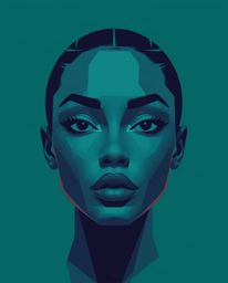 A stunning digital glitch art portrait, rendered in a modern flat design with a pixelated style.  The rich deep teal color pa