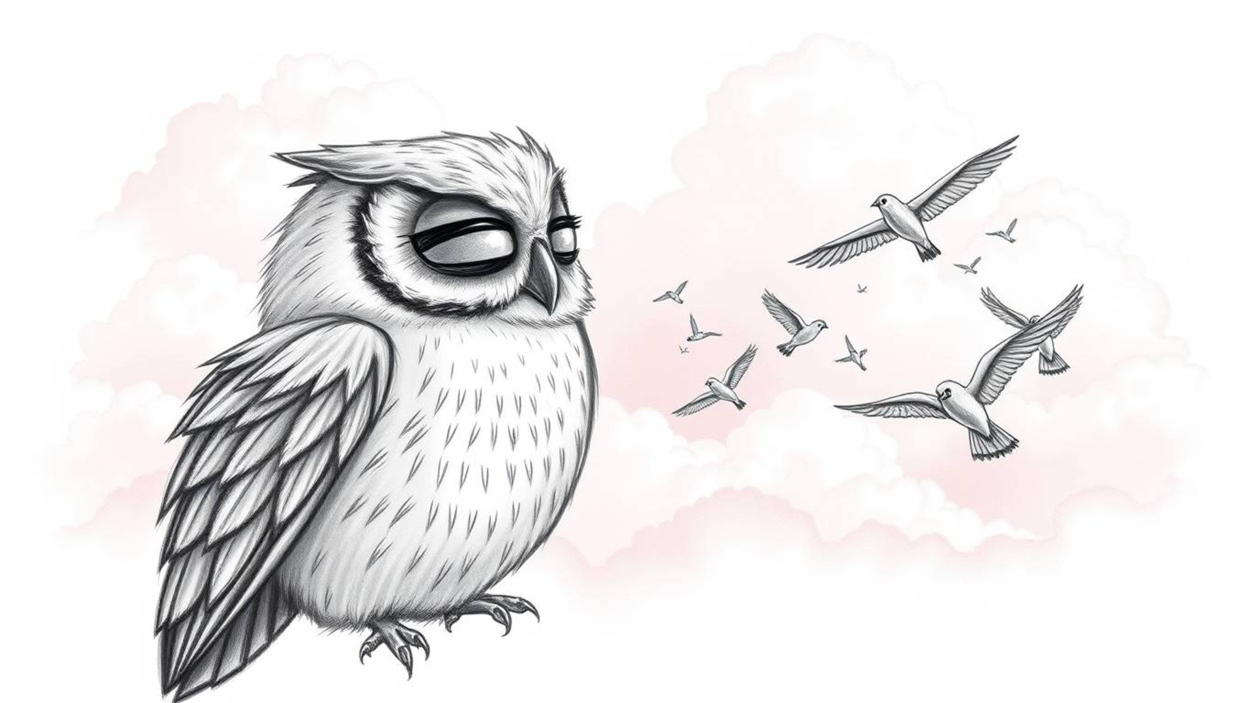 A heartwarming hand-drawn sketch in Pixar style depicts a blind owl with a soft, feathery texture patiently teaching small bi