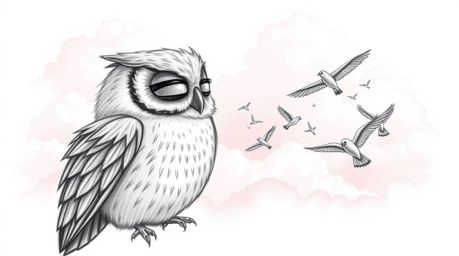 A heartwarming hand-drawn sketch in Pixar style depicts a blind owl with a soft, feathery texture patiently teaching small bi