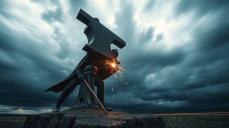 A dramatic long exposure photograph depicting a trickster character about to be struck by an anvil amidst intense stormy weat