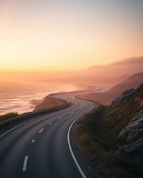 This artwork portrays a winding coastal highway illuminated by soft pastel sunset hues, creating a gentle and soothing atmosp