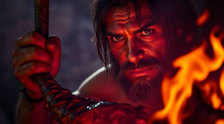 Witness a captivating scene of a tanned caveman, with intense eyes, expertly cooking mammoth meat over a crackling fire. The 