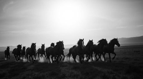 A timeless and elegant high-resolution stock photo depicting a herd of wild horses running freely under a breathtaking glowin