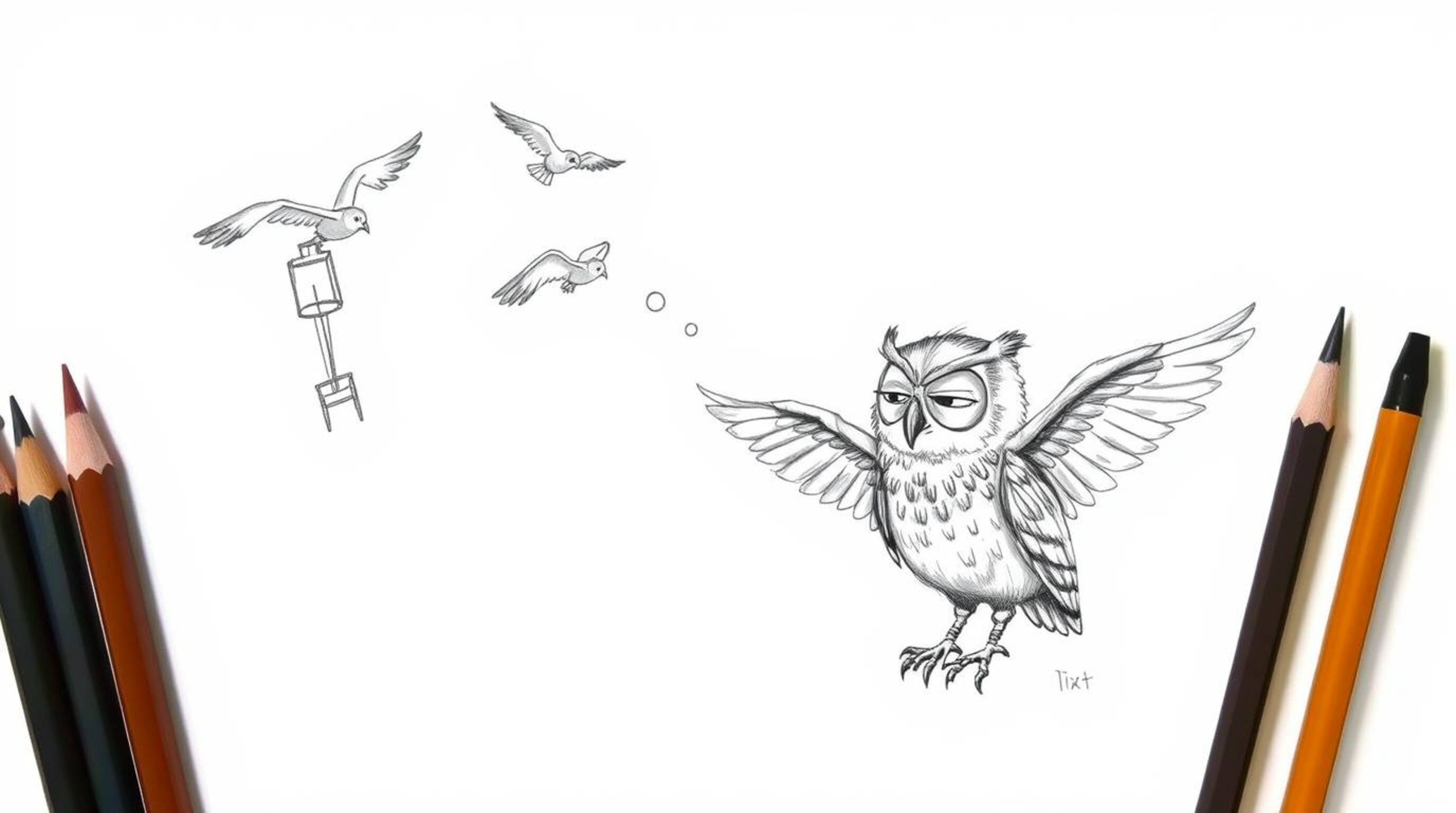 A heartwarming hand-drawn sketch in Pixar style depicts a wise, blind owl with downy feathers patiently teaching birds how to