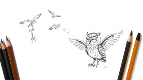 A heartwarming hand-drawn sketch in Pixar style depicts a wise, blind owl with downy feathers patiently teaching birds how to