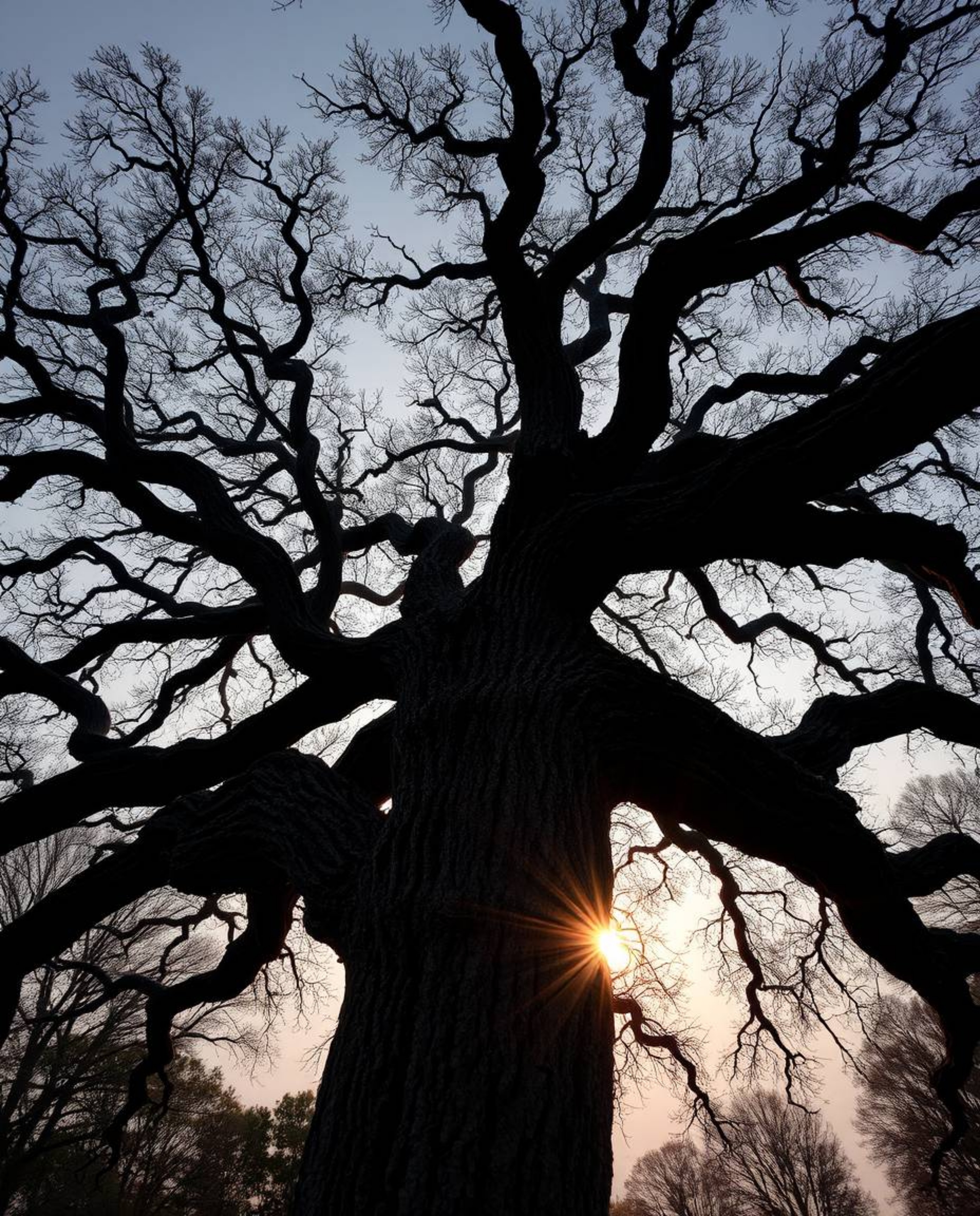 A low-angle photograph of a sunset behind an old oak tree with twisted branches, featuring high contrast, low-key lighting, a