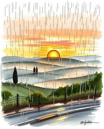 Hand-drawn sketch: Tuscan sunset over misty rolling hills, wet rainy scene, drizzling rain, reflective surfaces, color sketch