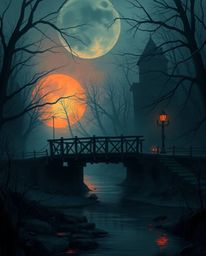 A digital painting captures an old wooden bridge over a river at sunset, creating an eerie and creepy atmosphere that is simu