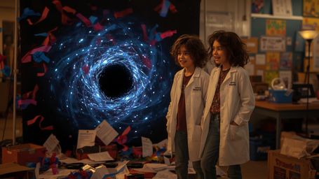 In a dramatic, high-contrast cinematic photograph rendered in a Pixar-inspired, stylized realism, two excited science fair pa