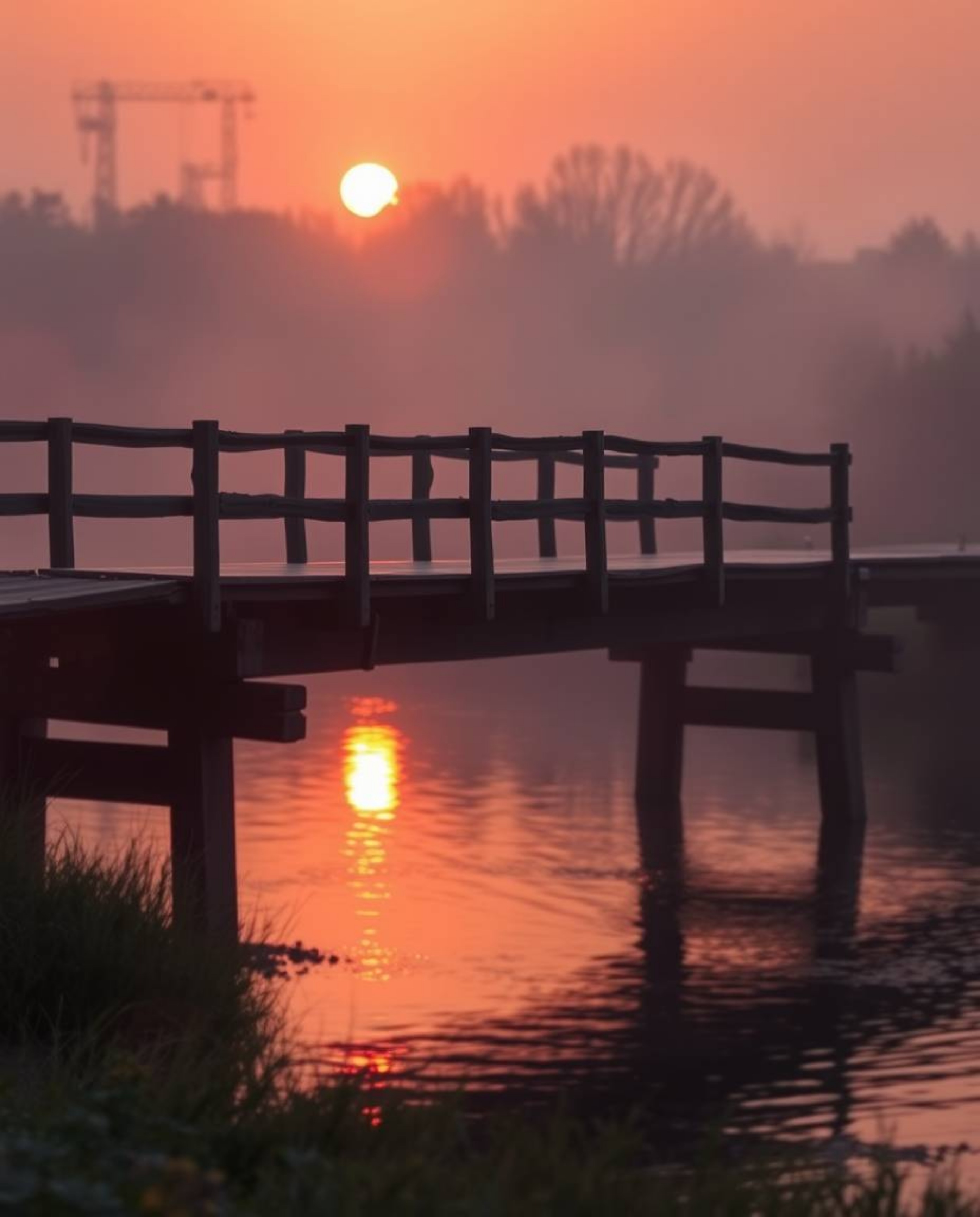 An image of an old wooden bridge over a river at sunset, characterized by its stunning iridescent colors and a soft cinematic
