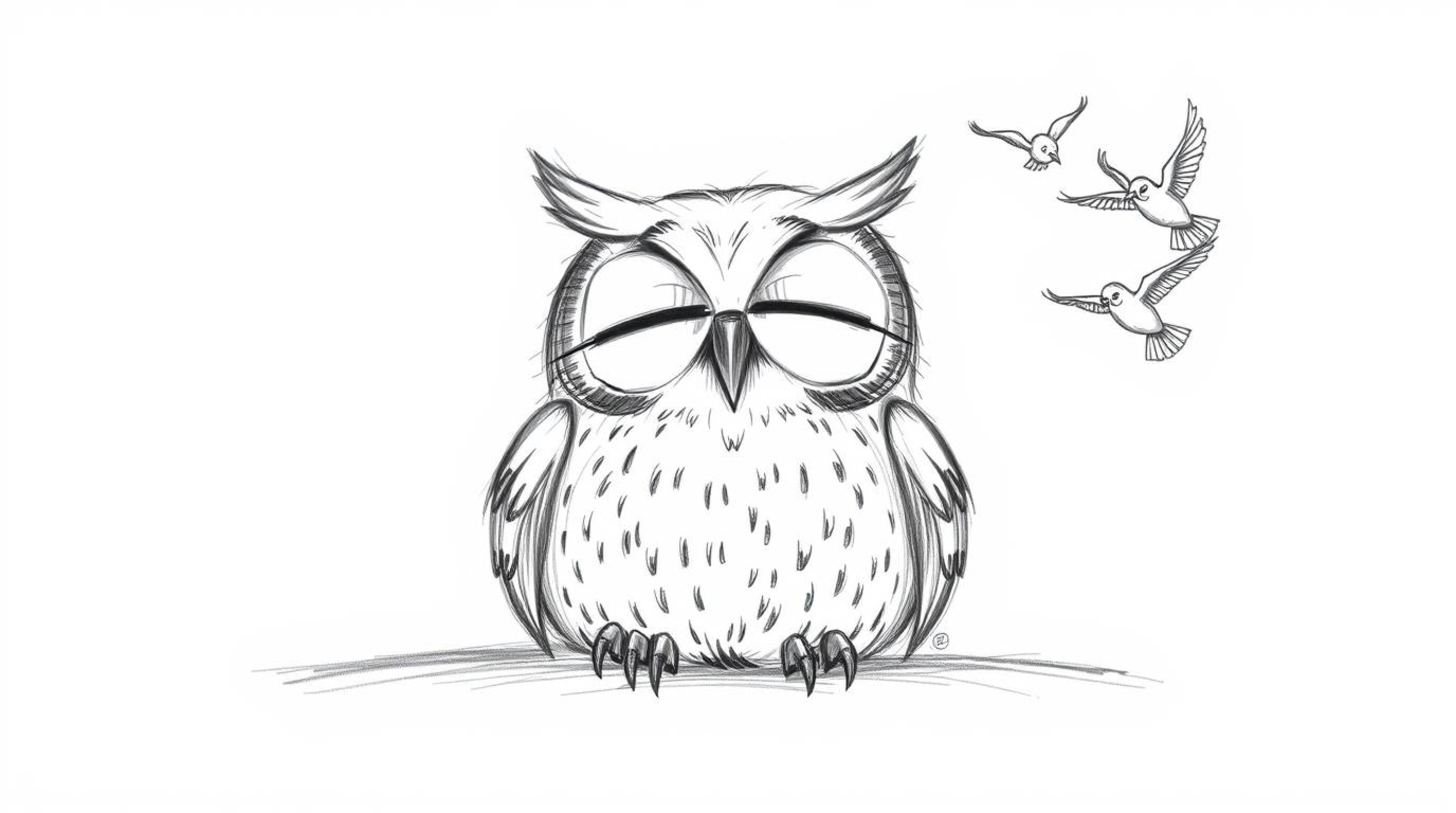 A heartwarming hand-drawn sketch in the style of Pixar depicts a blind owl, its large expressive eyes closed in peaceful rest