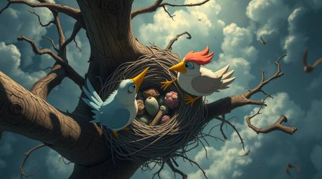 A whimsical, high-angle view showcases two cartoon birds constructing a nest in a classic animation style. The scene is imbu