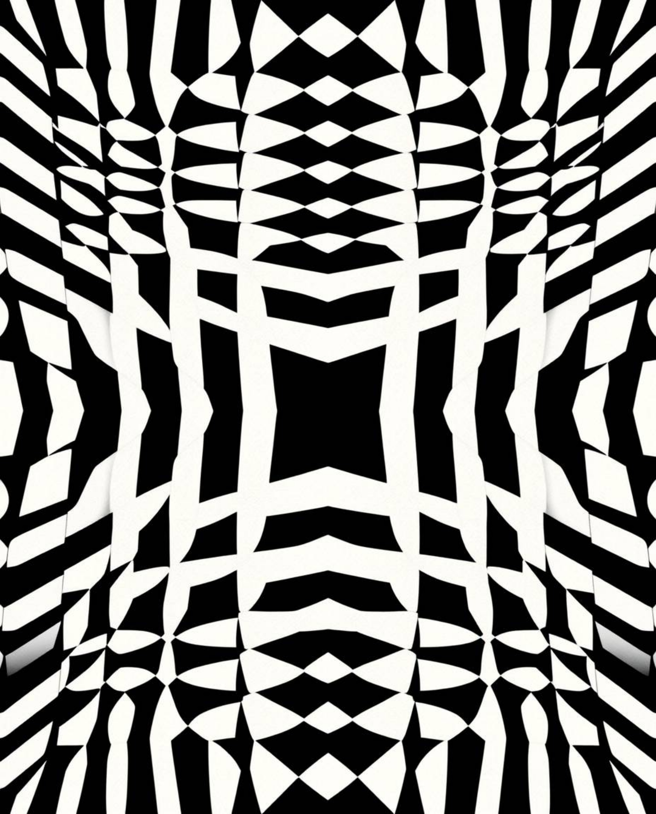 This striking black and white image showcases a top-down view of a geometric optical illusion pattern with a distinct retro a