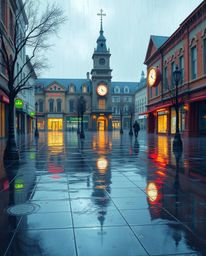 A captivating digital painting depicts an empty town square drenched in a drizzling rain.  Electric vivid colors enhance the 