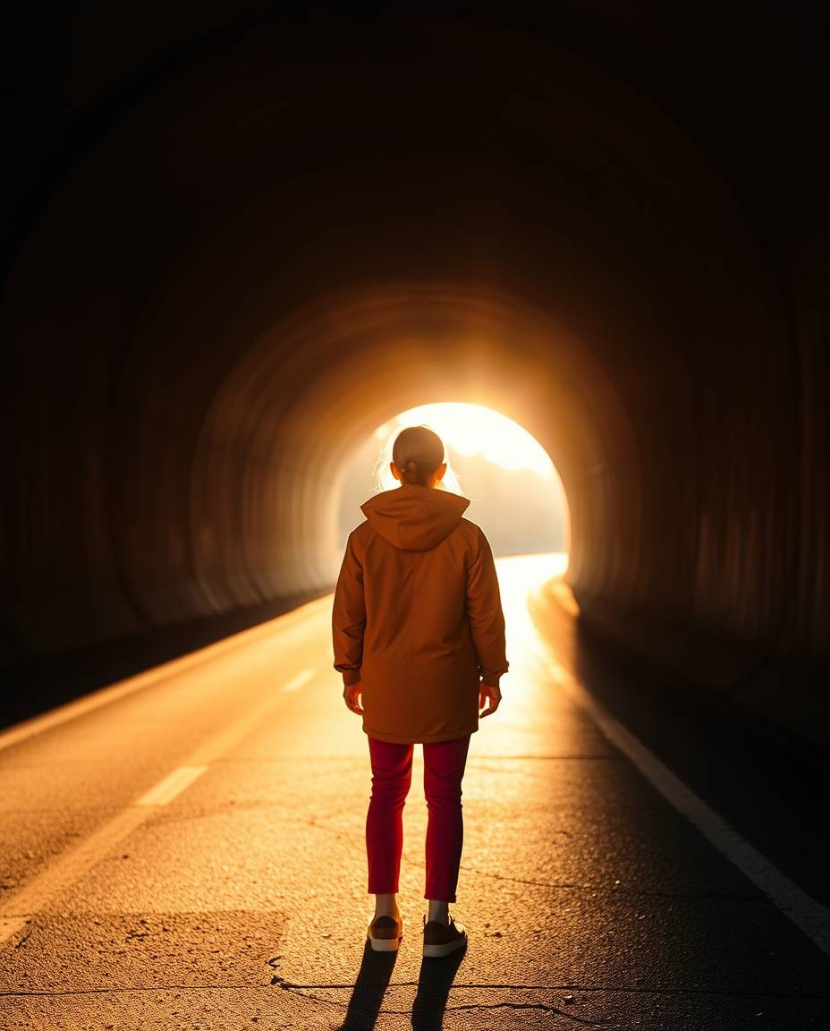 A captivating photograph showcasing a person in vividly colored clothing standing at a tunnel's entrance, bathed in the warm 