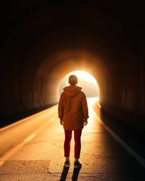 A captivating photograph showcasing a person in vividly colored clothing standing at a tunnel's entrance, bathed in the warm 
