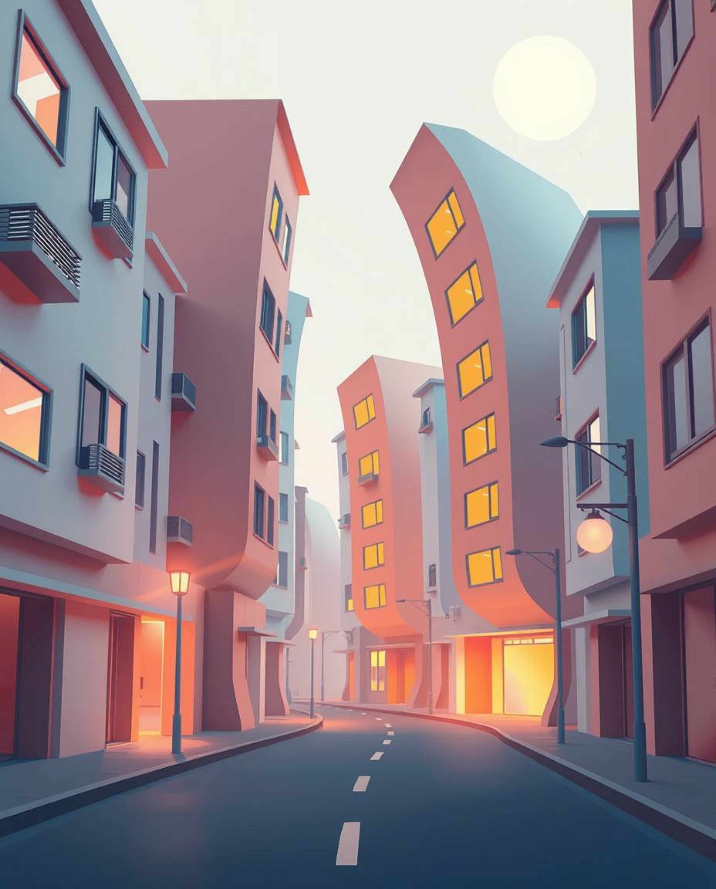 Discover a captivating modern flat design depicting a surreal street scene.  Buildings fold and twist in a mesmerizing displa
