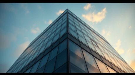 This professional fine art photograph captures an extreme macro close-up of a modern glass building seemingly dissolving into