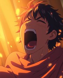 A captivating isekai anime-style image depicting a person screaming in warm golden light. The scene features high contrast an