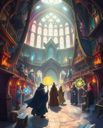 Explore a captivating high fantasy illustration depicting a magical school brimming with young wizards.  The scene is bathed 