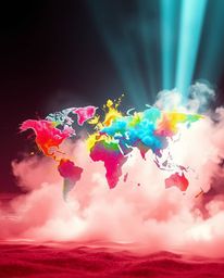 An abstract world map comes to life through vibrant, colorful splashes, rendered in a surreal infrared palette with dramatic 
