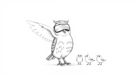 A heartwarming hand-drawn sketch in the style of Pixar animation depicts a blind owl with large, expressive eyes and soft plu