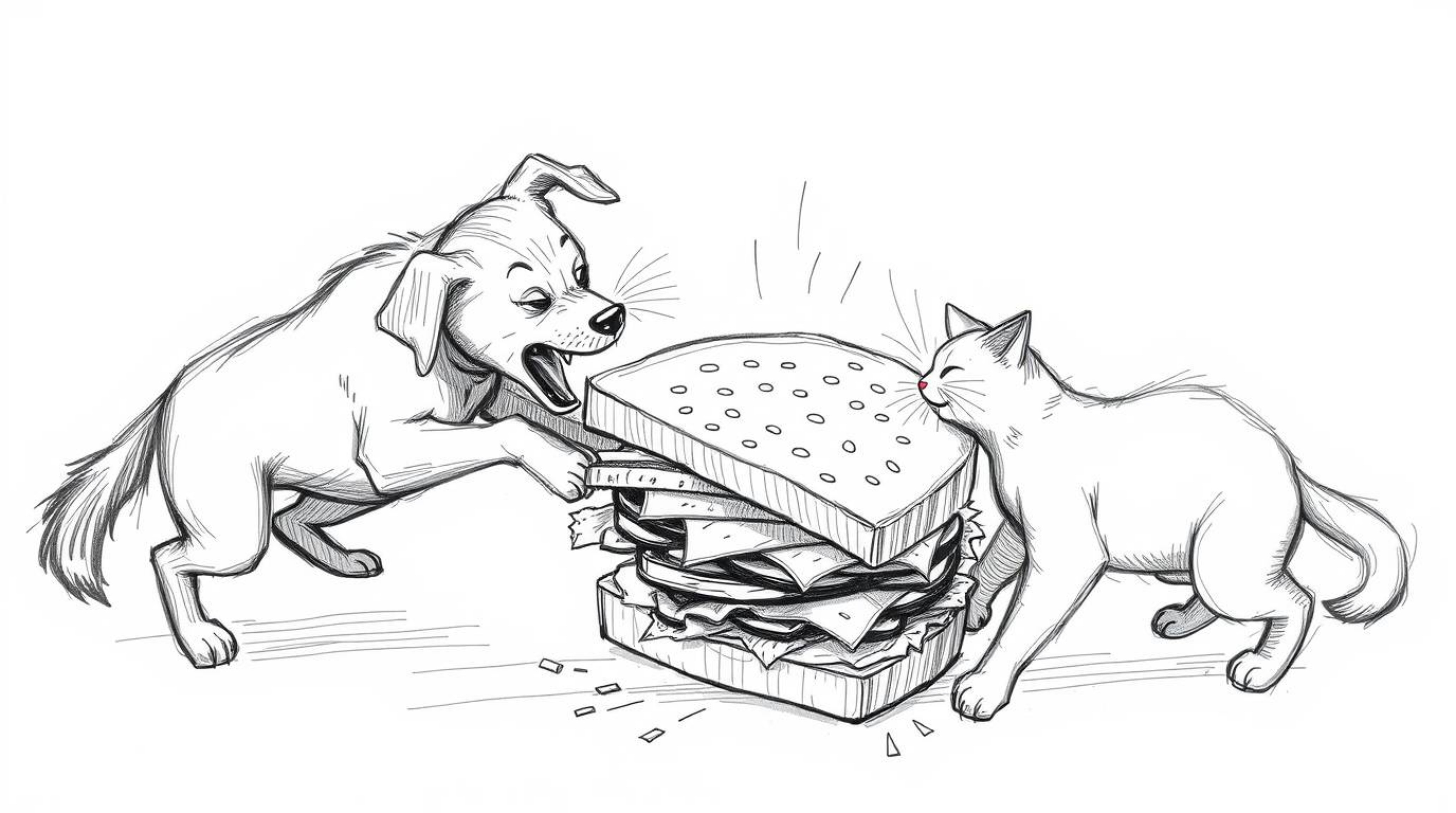A high-angle, hand-drawn sketch depicts a chaotic scene of a dog and a cat fiercely fighting over a massive sandwich.  The ro