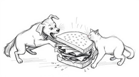A high-angle, hand-drawn sketch depicts a chaotic scene of a dog and a cat fiercely fighting over a massive sandwich.  The ro