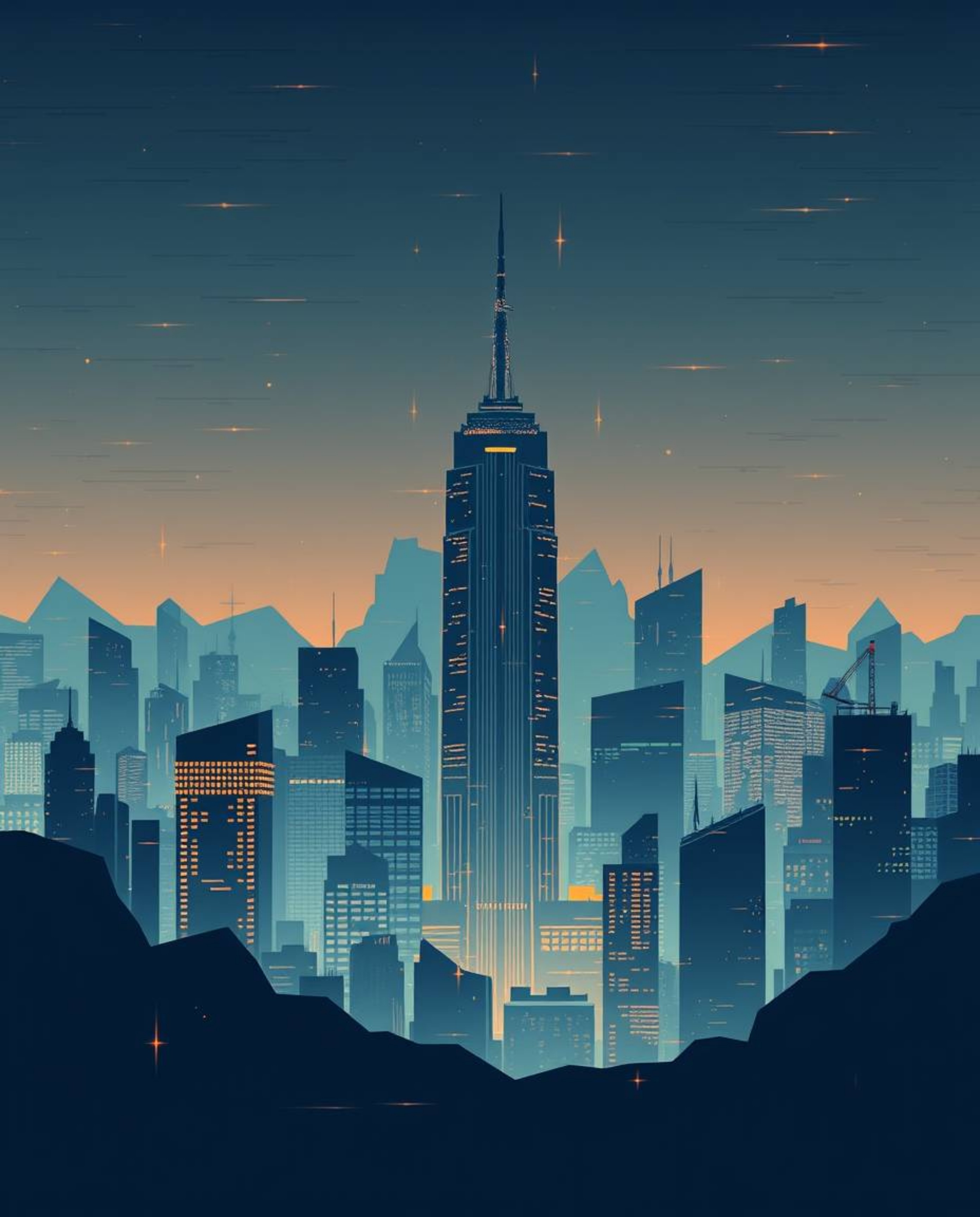 A modern, flat-designed illustration showcases a glitchy digital landscape featuring distorted skyscrapers and static noise. 