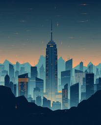 A modern, flat-designed illustration showcases a glitchy digital landscape featuring distorted skyscrapers and static noise. 