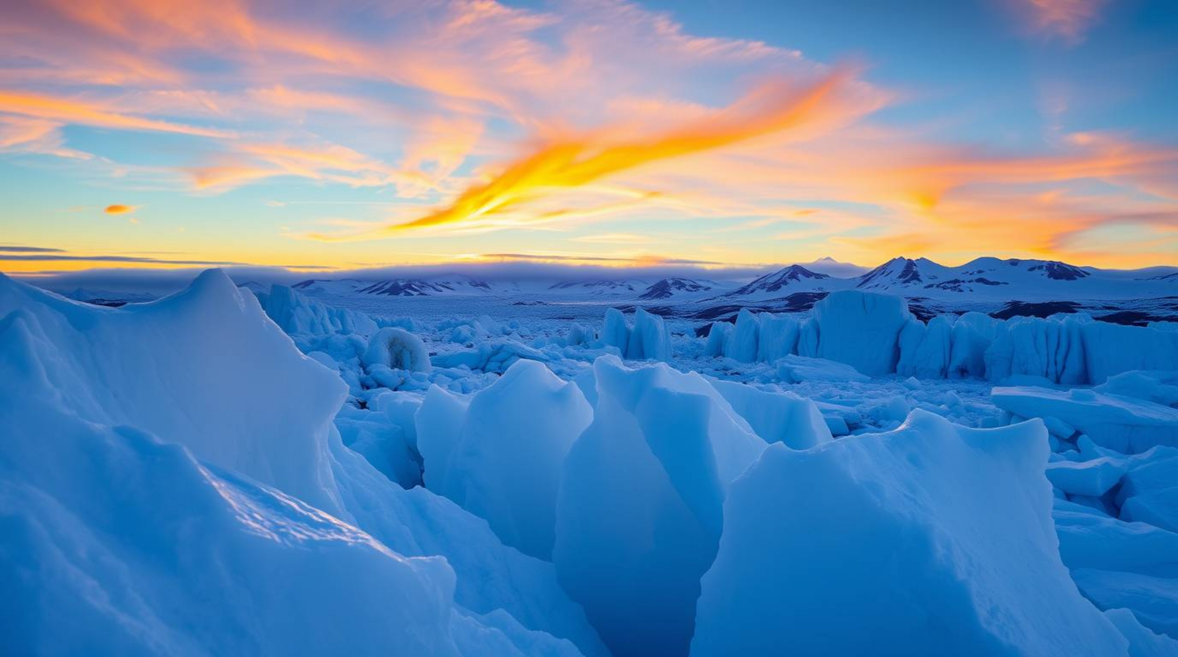 A stunning high-resolution stock photo captures a vibrant sunset over icy polar glaciers.  The image showcases a captivating 