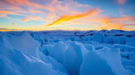 A stunning high-resolution stock photo captures a vibrant sunset over icy polar glaciers.  The image showcases a captivating 