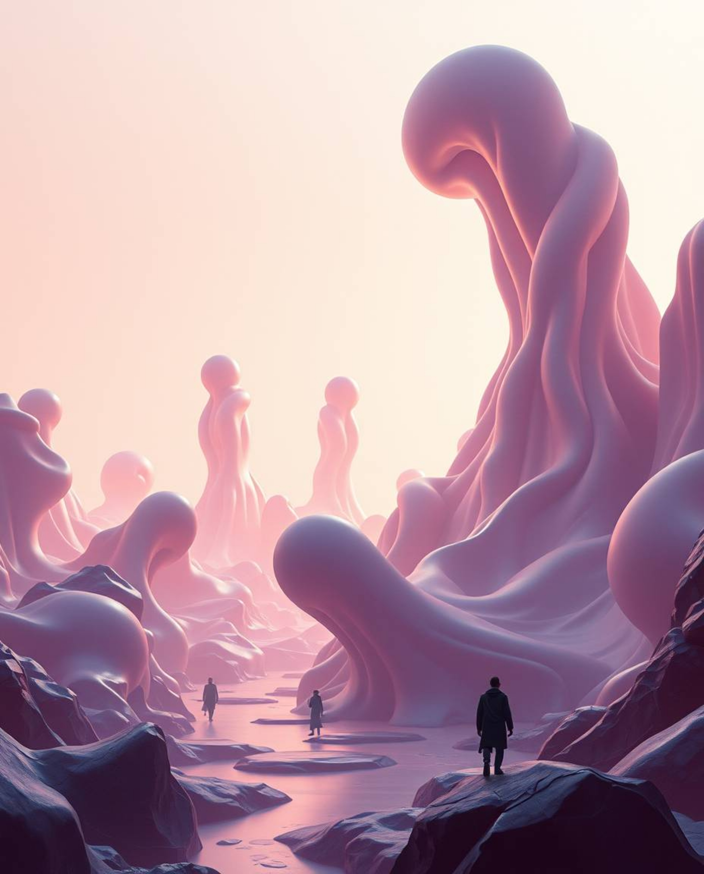 Explore a grand, epic scene rendered in a modern futuristic style, showcasing 3D abstract liquid forms brought to life with c