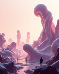 Explore a grand, epic scene rendered in a modern futuristic style, showcasing 3D abstract liquid forms brought to life with c
