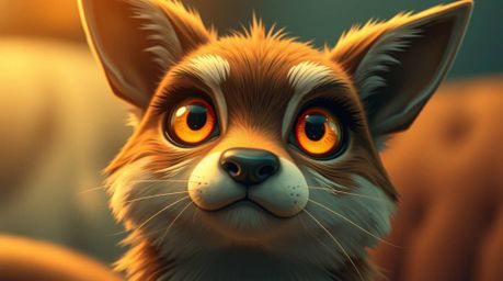 Discover a captivating image of a sarcastic animal sidekick, boasting expressive, radiant eyes and bathed in a warm golden gl
