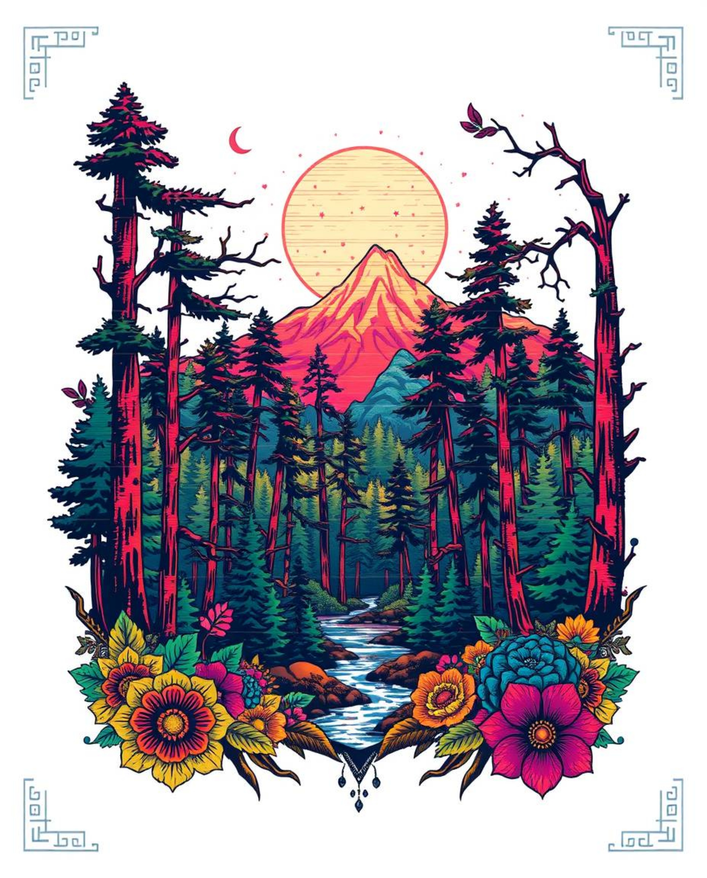 A vibrant vector illustration featuring a traditional tattoo art print design overlaid with a digital glitch effect.  The des