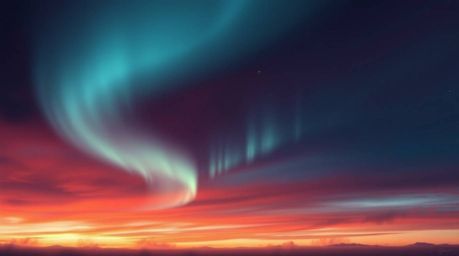 A stunning digital painting depicts the ethereal beauty of the Northern Lights emerging over a vibrant sunset sky.  The artwo