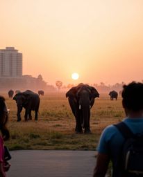 This artwork reimagines elephants walking across a field at sunset through the unexpected lens of candid street photography. 