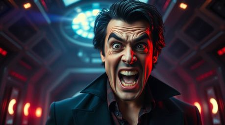 A villain with a flushed face and dark hair, experiencing a hilarious breakdown in a sophisticated high-tech lair, creates a 