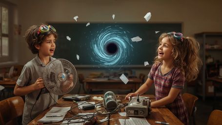 In a vibrant, cinematic photograph rendered in a hyper-realistic, Pixar-inspired style, a dynamic science fair duo unwittingl