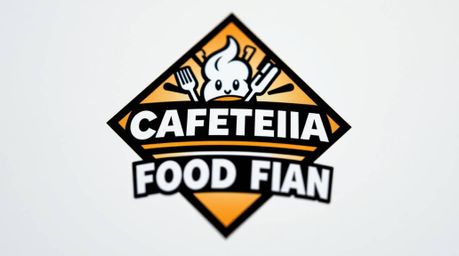 This striking close-up shot features a geometric logo depicting a wild cartoon cafeteria food fight. The design emphasizes cl