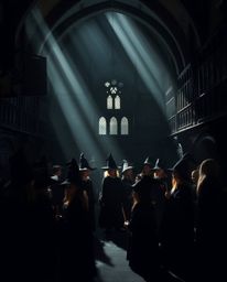 Immerse yourself in a captivating scene of a magical school teeming with young wizards, rendered in intense jet black hues ac