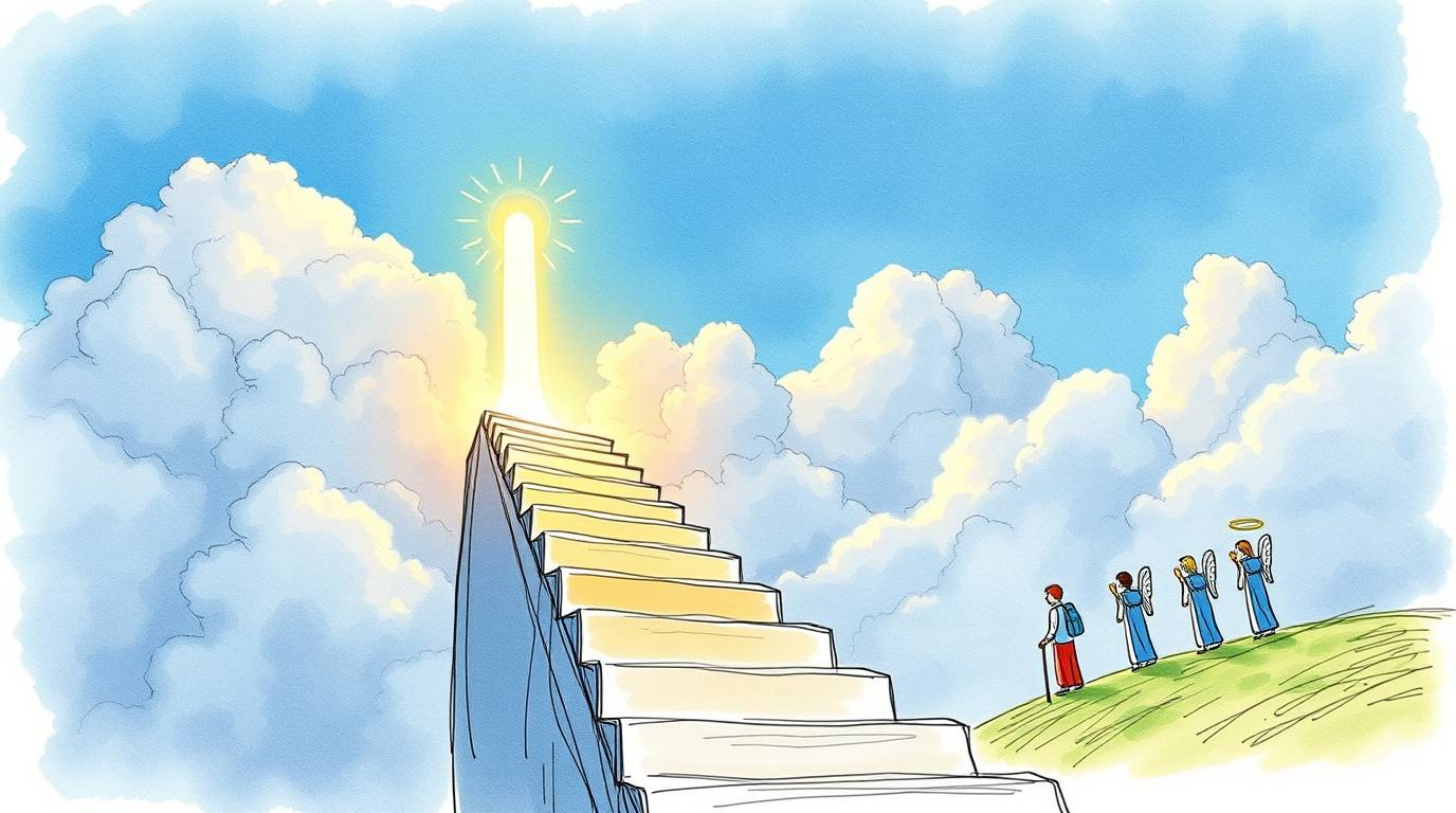 A hand-drawn color sketchnote showcases a close-up and detailed depiction of light ascending into a cloudy sky, watched over 
