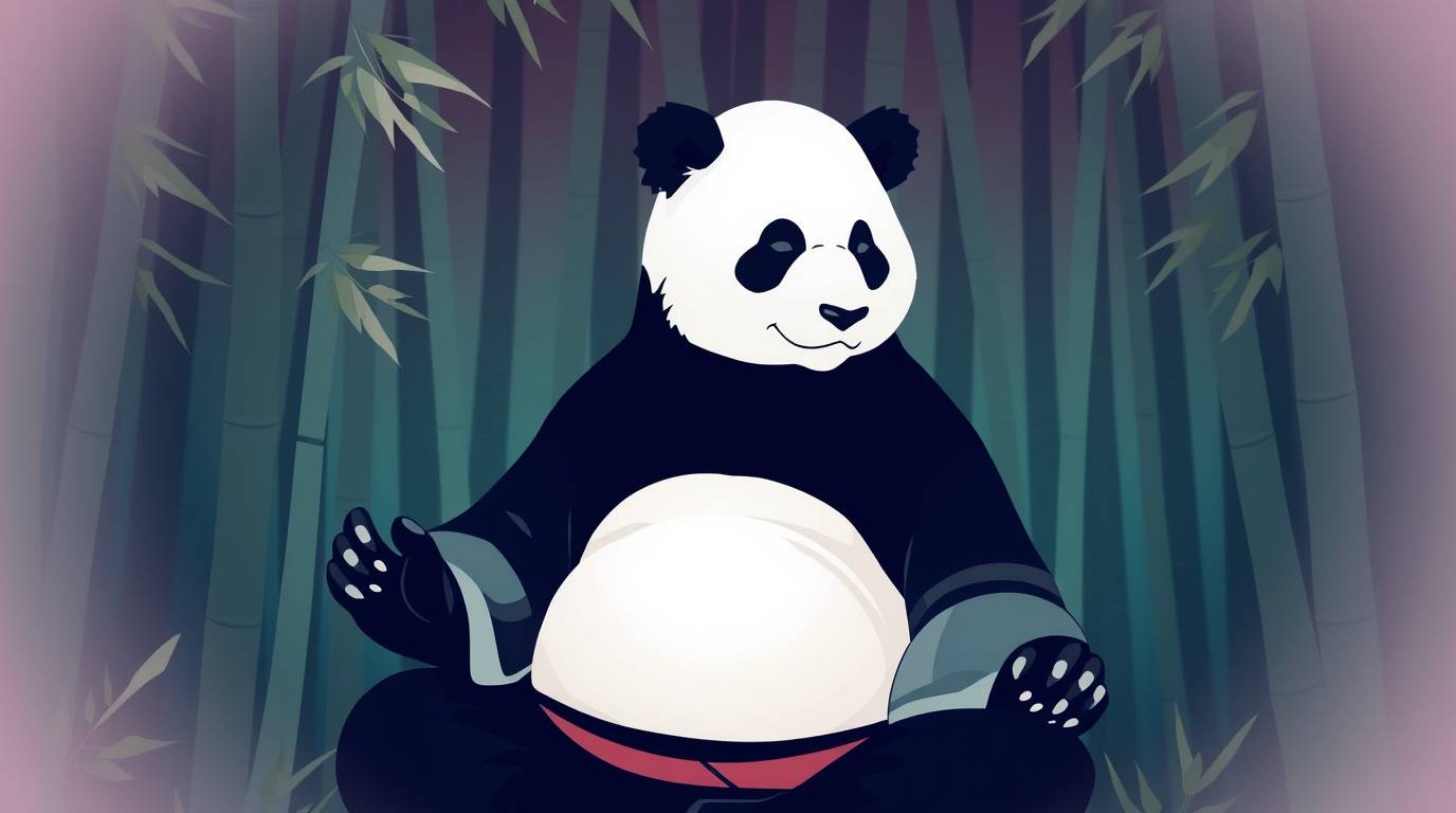 A captivating image showcases a graceful panda martial artist in serene meditation within a lush bamboo forest.  The artwork 