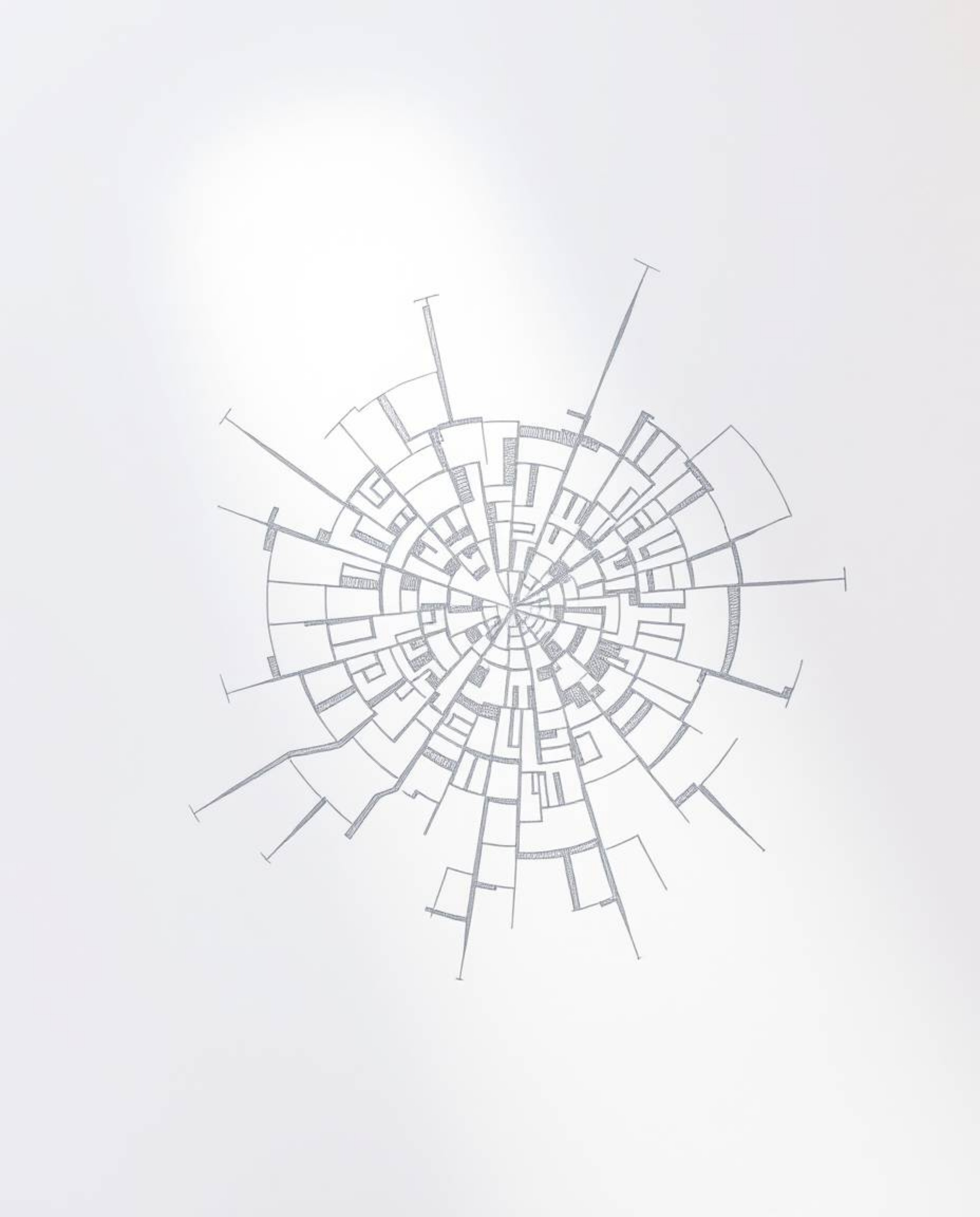 A captivating hand-drawn sketch depicting an abstract city map composed of geometric shapes.  The top-down perspective showca