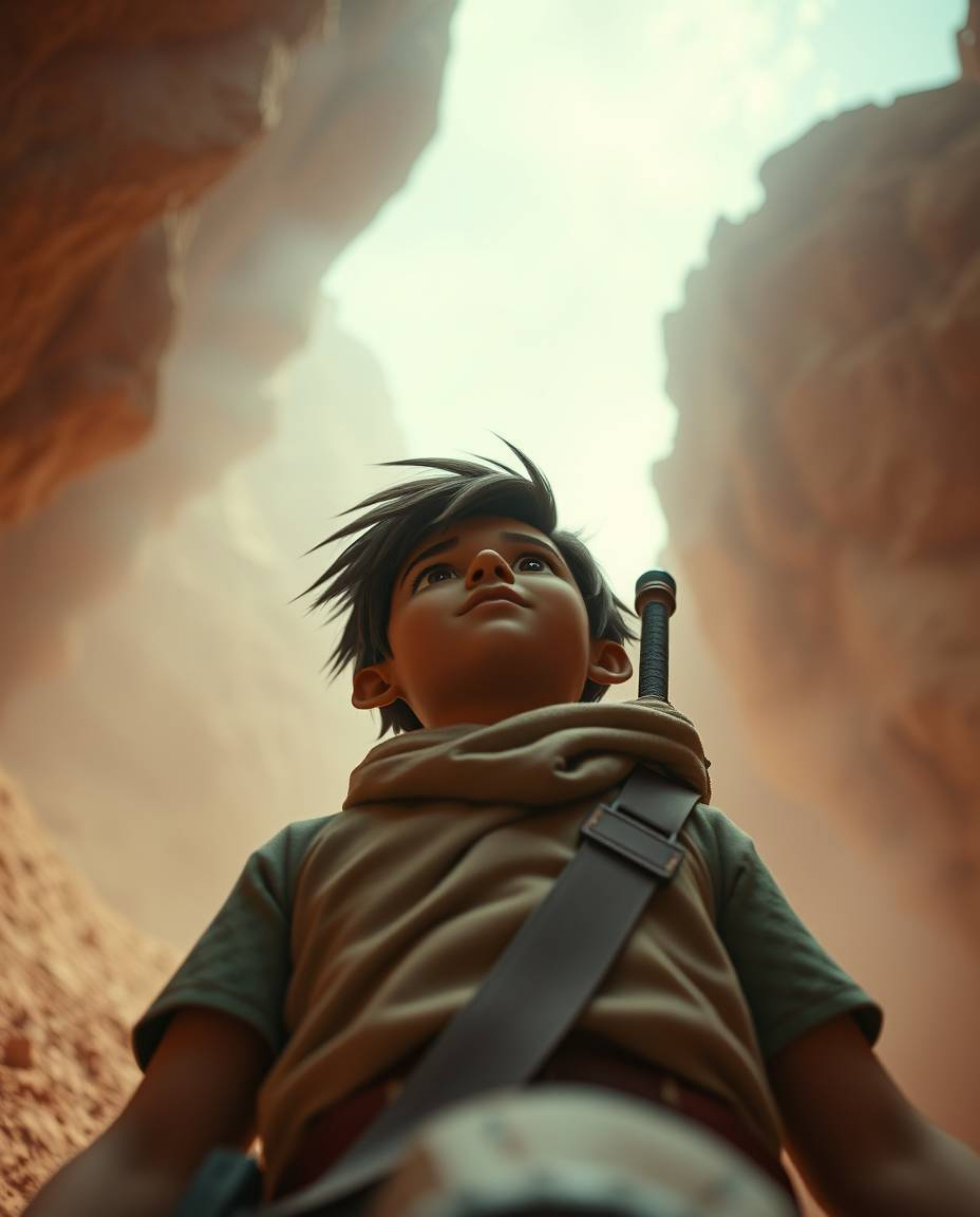 Embark on a captivating desert adventure with a brave Disney-style hero, rendered in a low-angle perspective with a soft cine