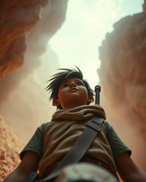 Embark on a captivating desert adventure with a brave Disney-style hero, rendered in a low-angle perspective with a soft cine