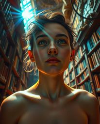 A vibrant and energetic oil painting depicts a person with lively features and light skin discovering a hidden underground li